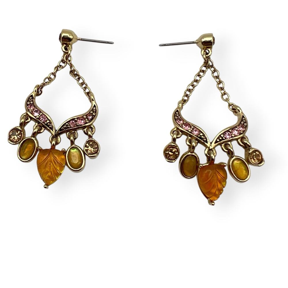 Chandelier Drop Earrings Retro Glam Dangle Lucite Stones Orange Yellow Pierced